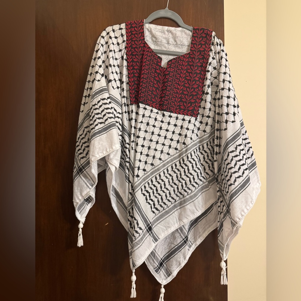 White, Red, Black Palestinian Olive Branch Tatreez Keffiyeh Poncho Cloak